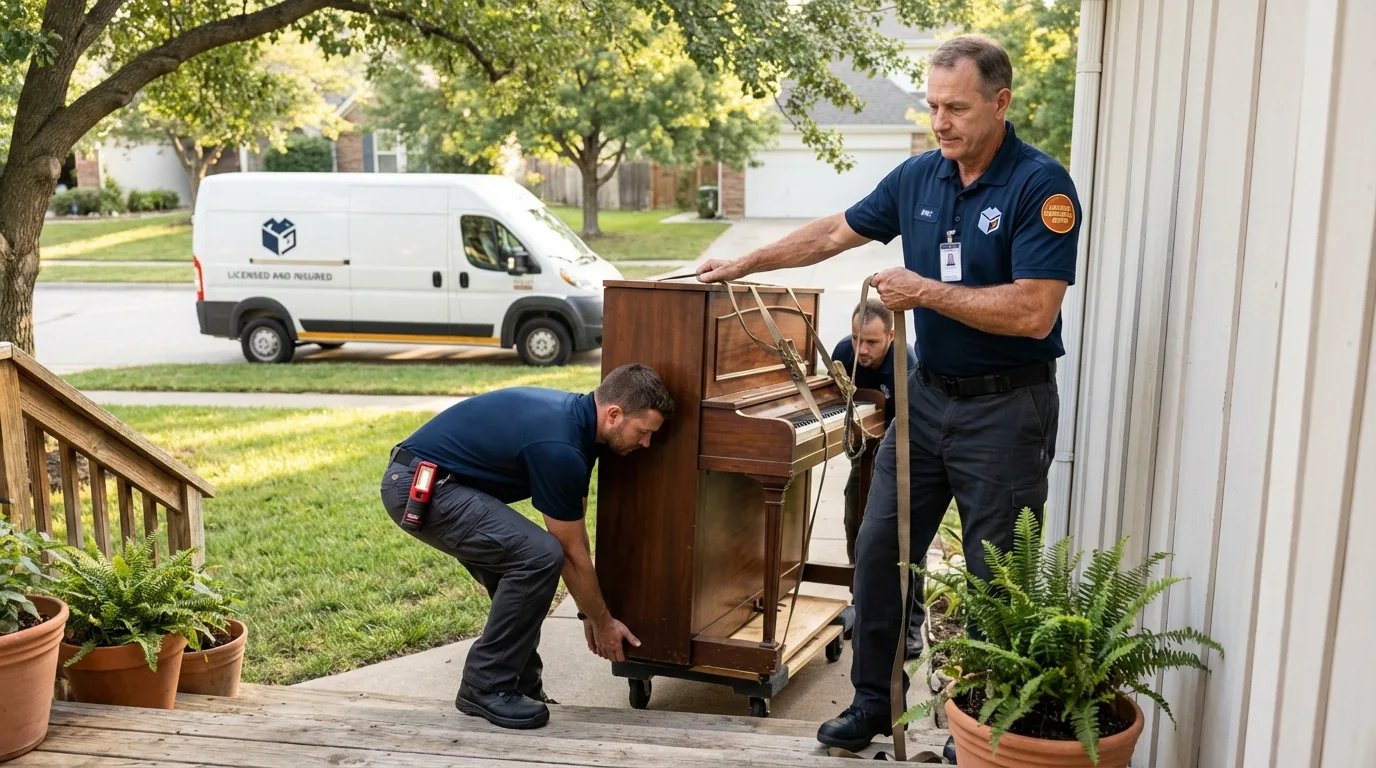 Licensed piano movers securing grand piano in Tierra Amarilla, NM