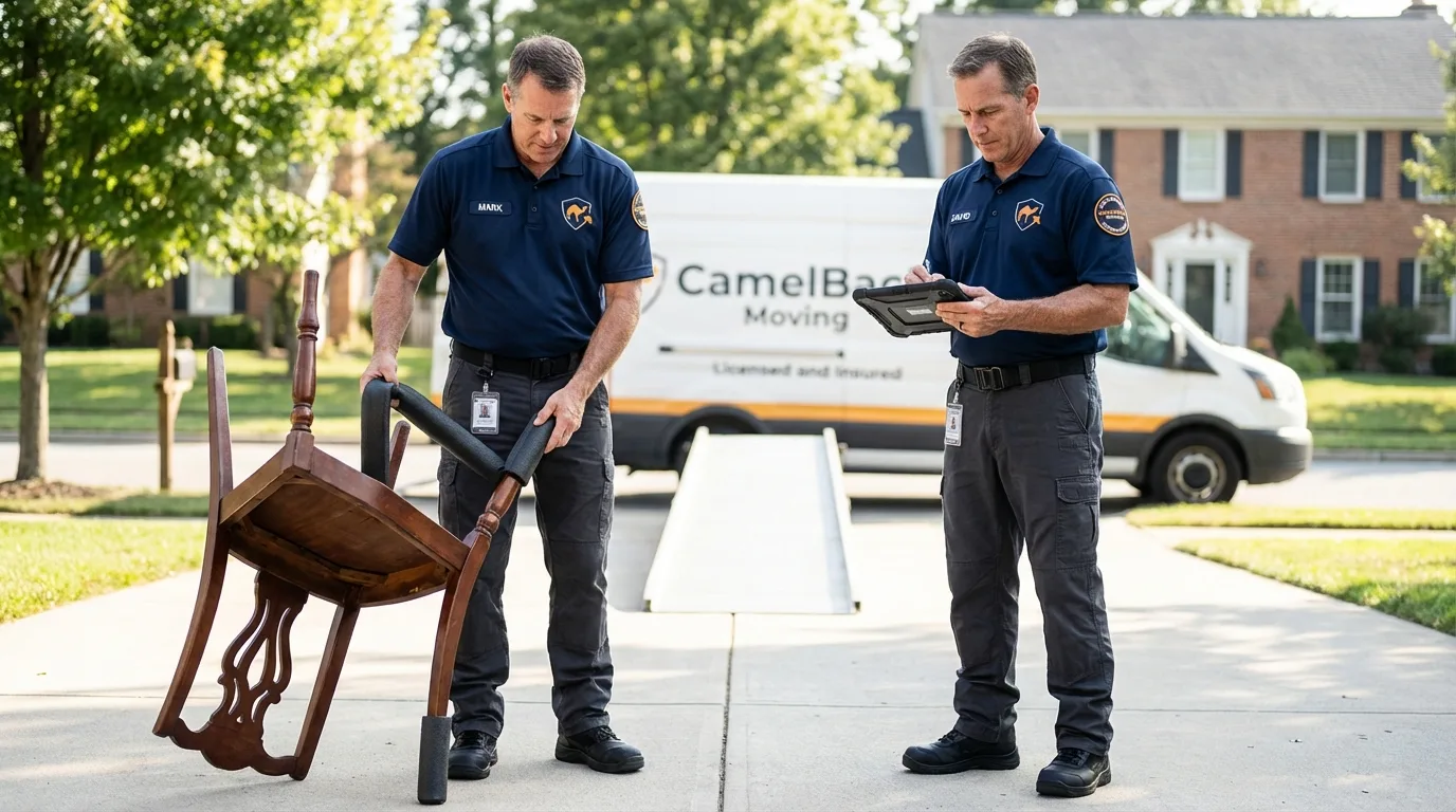 Movers inspecting furniture for damage prevention before loading in Tierra Amarilla, NM
