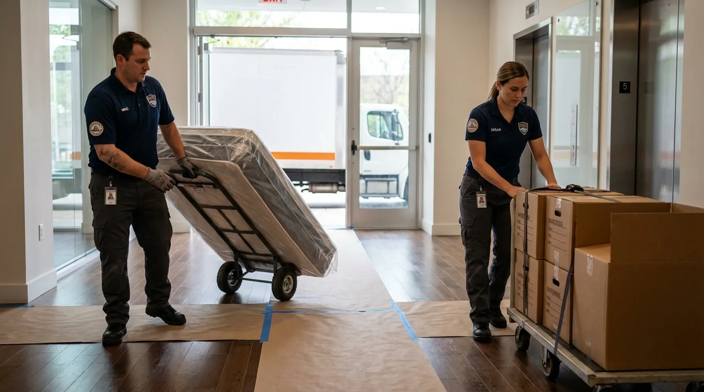 Professional apartment movers loading elevator in Tierra Amarilla, NM