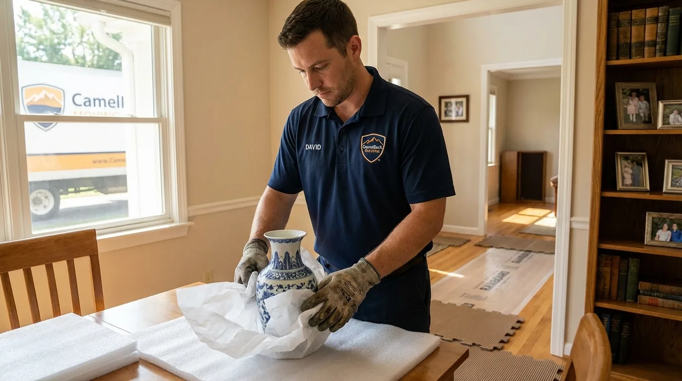 Professional crew carefully wrapping antique vase for senior downsizing move in Tierra Amarilla, NM